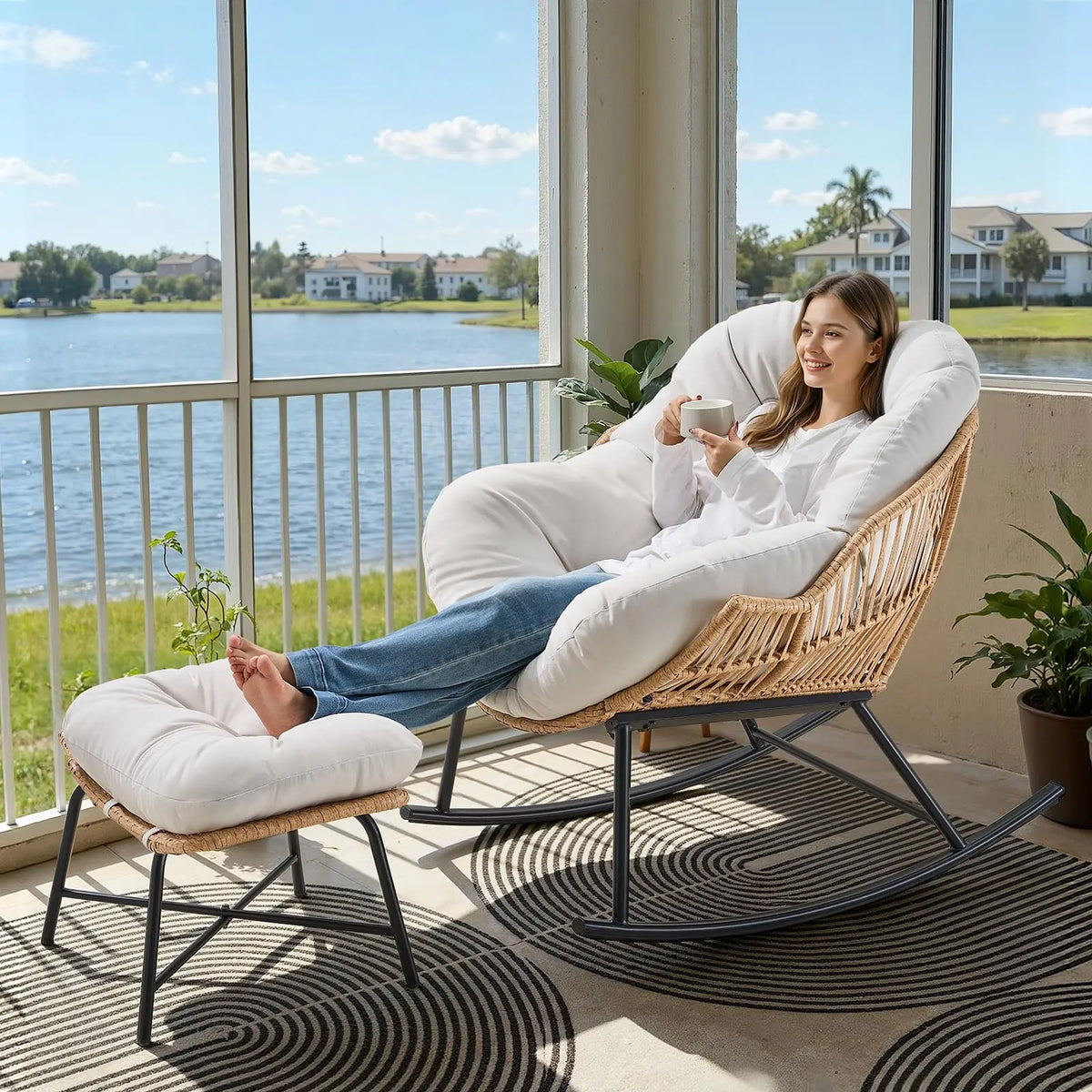ONBRILL Rattan Papasan Rocking Chair With Ottoman Indoor Outdoor Lounge