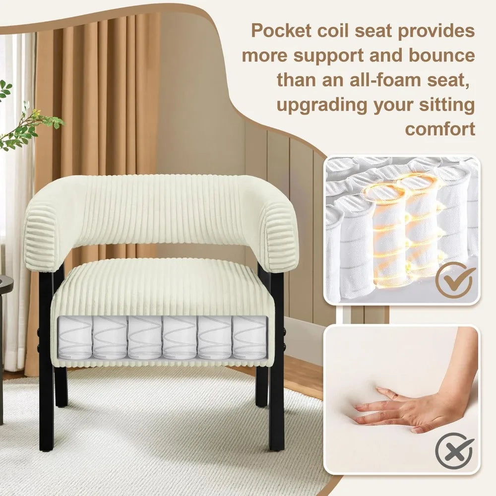 Accent Chair with Pocket Coiled Seat, Corduroy Living Room Armchair for Small Space Bedroom Reading, Beige