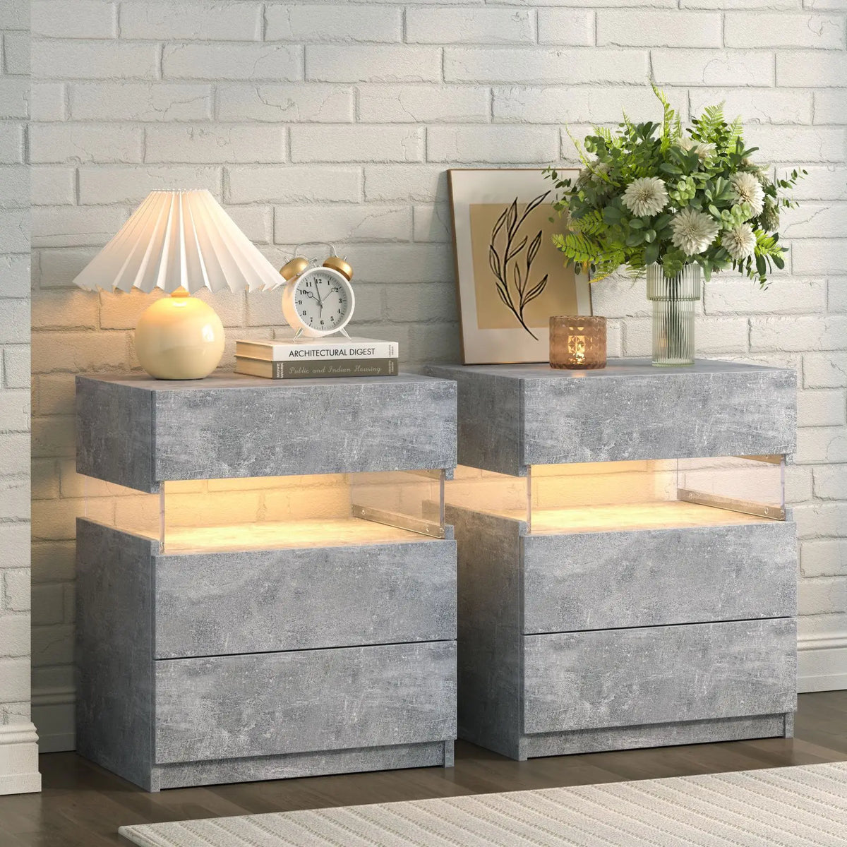 Cubehom Bedside Tables Set With LED Lighting And 3 Drawers