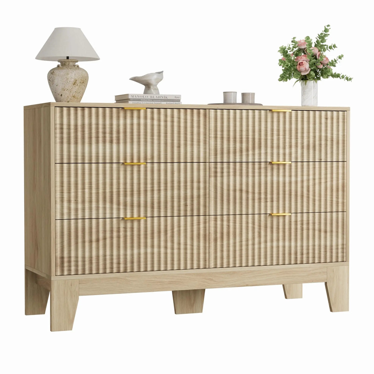 Modern Fluted Six Drawer Dresser With Metal Handles And Storage