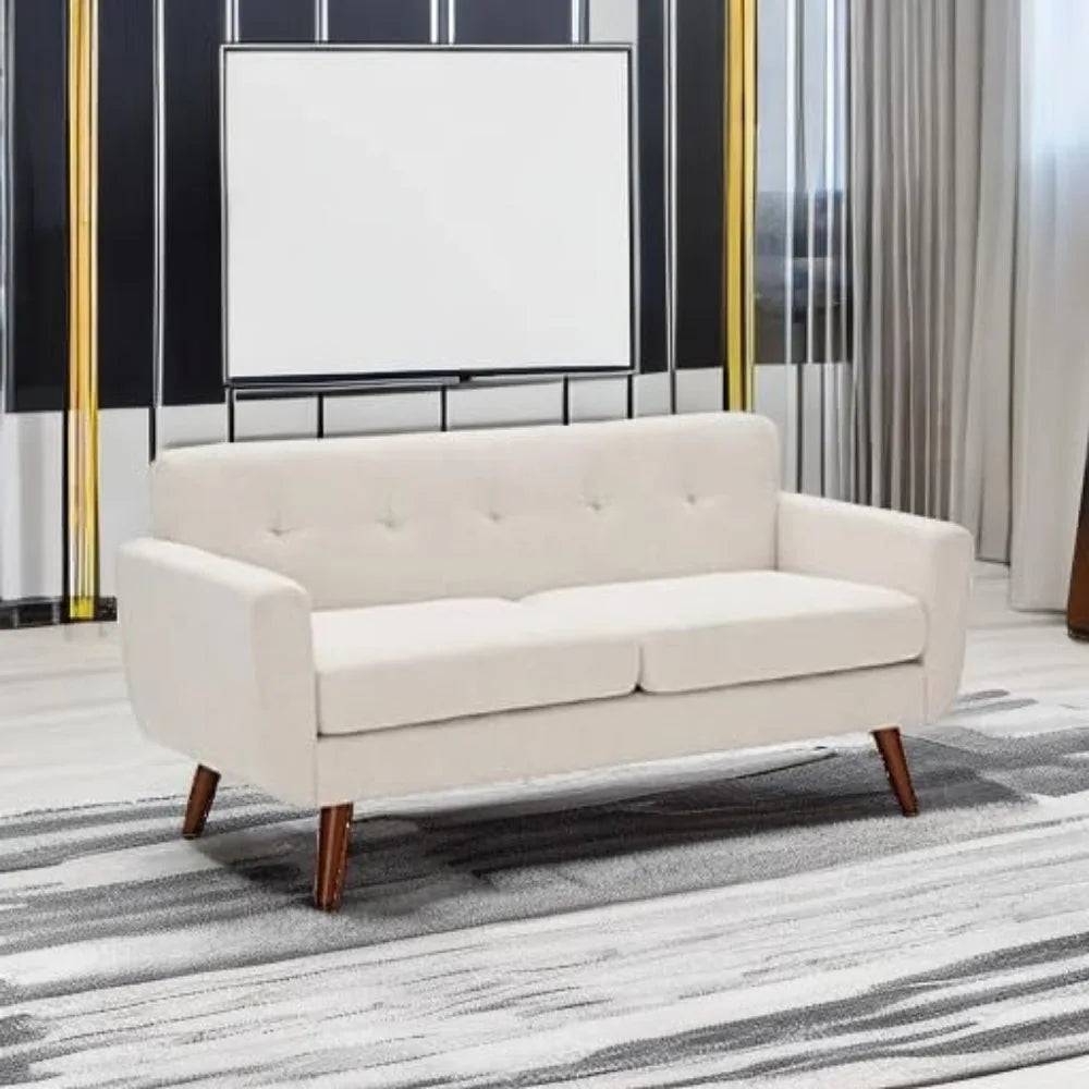 Mid Century Modern Loveseat Sofa for Living Room, Bedroom, Beige Upholstered, Easy Install