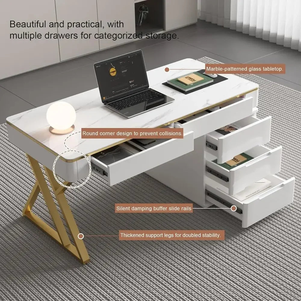White Tempered Glass Top Gaming Desk - Thickened Lacquered Wooden Office Desk for Home or Work - PC and Writing Desk (Z-105)