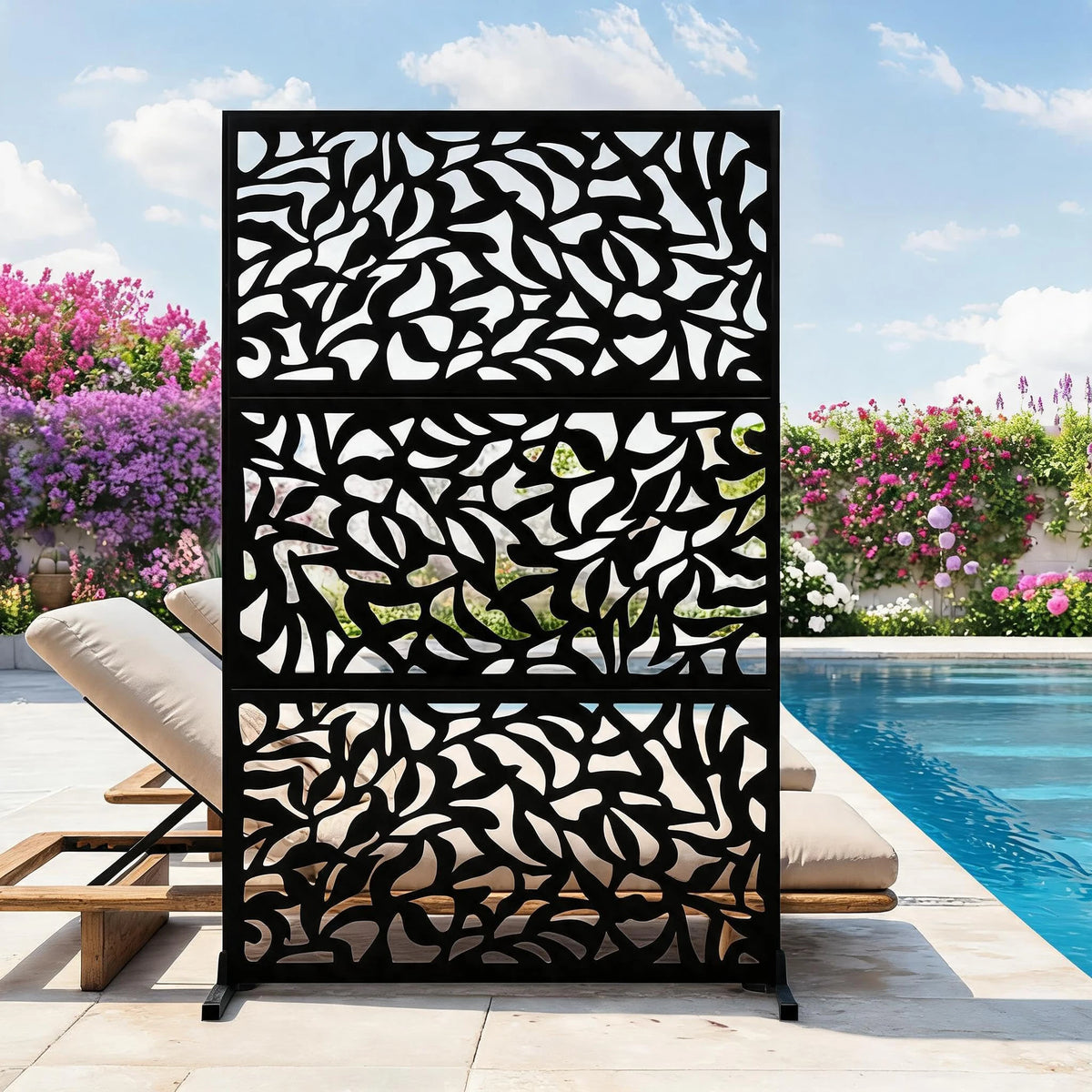 72"x47" Outdoor Metal Privacy Screen, Freestanding Laser Cut Decorative Fence Panel With Stand, Weatherproof Steel For Patio