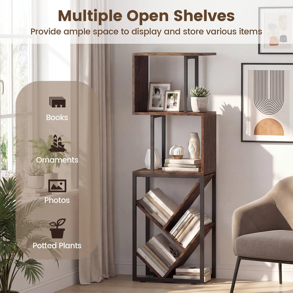 6-Tier Bookshelf, Industrial S-Shaped Geometric Bookcase w/ Open Display Shelves