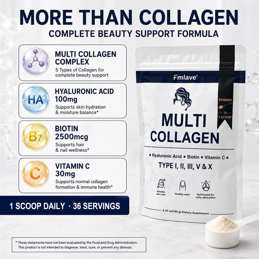 FMLAVE Multi Collagen Peptides Powder With Biotin And Hyaluronic Acid Unflavored