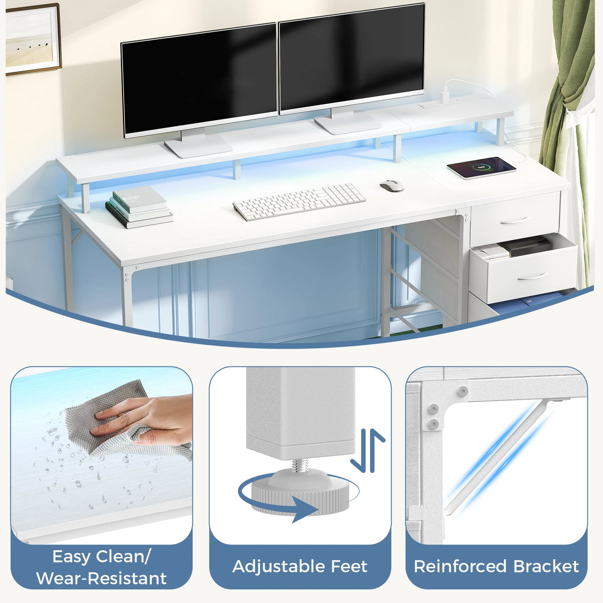 JHK Gaming Desk With Drawers Power Outlets And LED Lighting