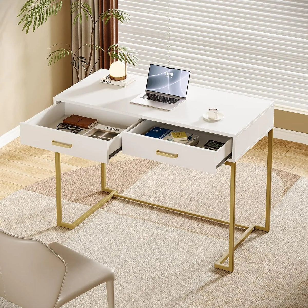 White & Gold Modern Computer Desk with 2 Drawers for Home Office Bedroom Small Space, Customized