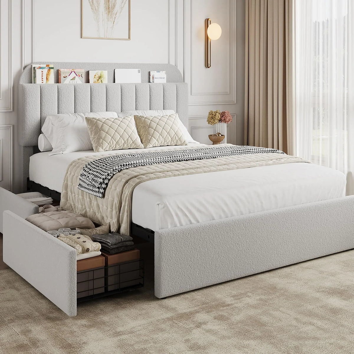 GAOMON Upholstered Bed With Headboard, Storage Drawers And Display Shelf