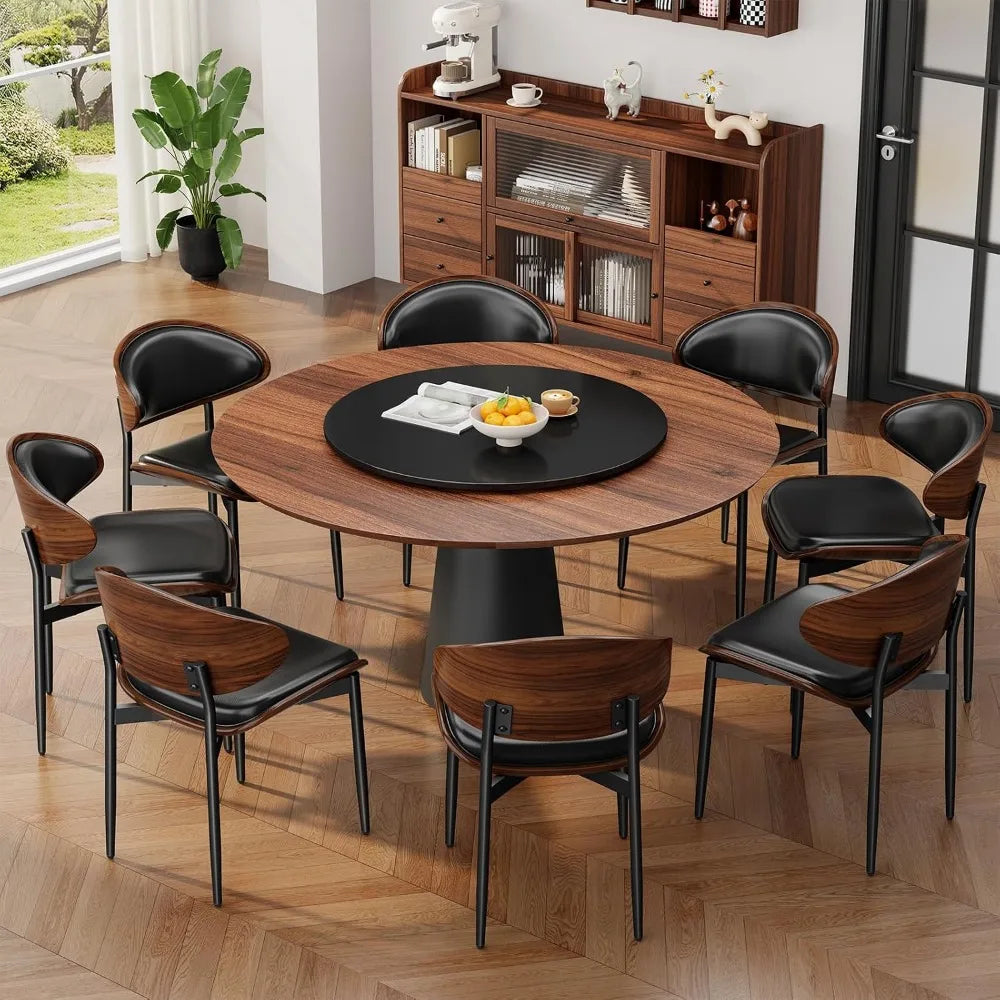Mid-Century Upholstered Dining Chairs, Set of 4, Walnut Bentwood, Metal Legs, Adjustable Feet, Kitchen-Dining Room, Black