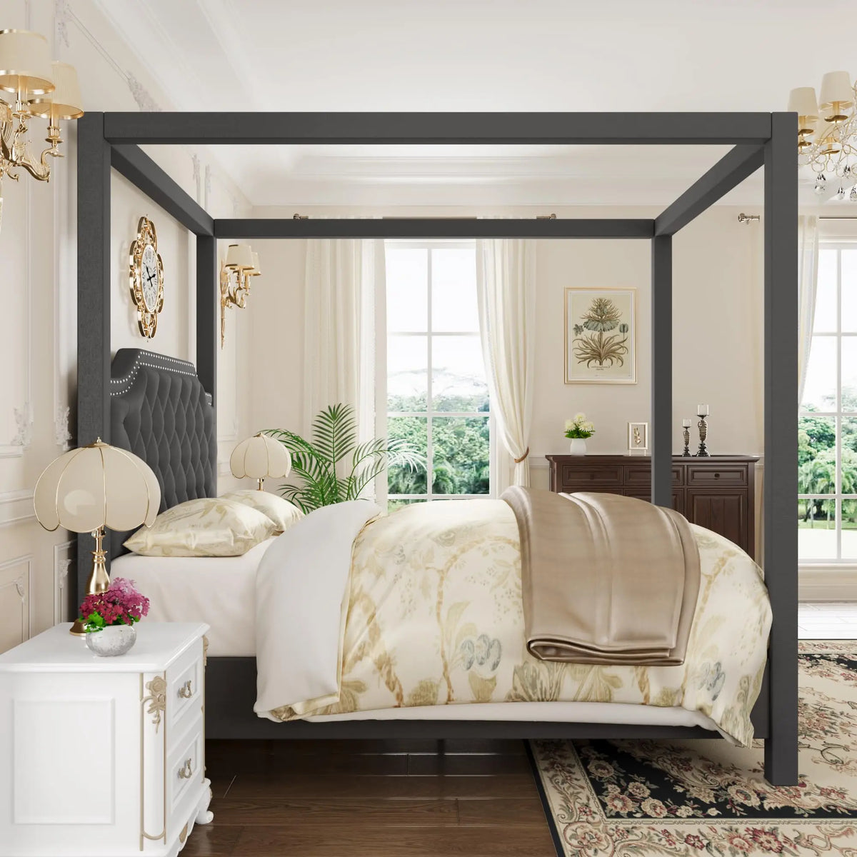GAOMON Upholstered Four Poster Canopy Platform Bed With Tufted Headboard