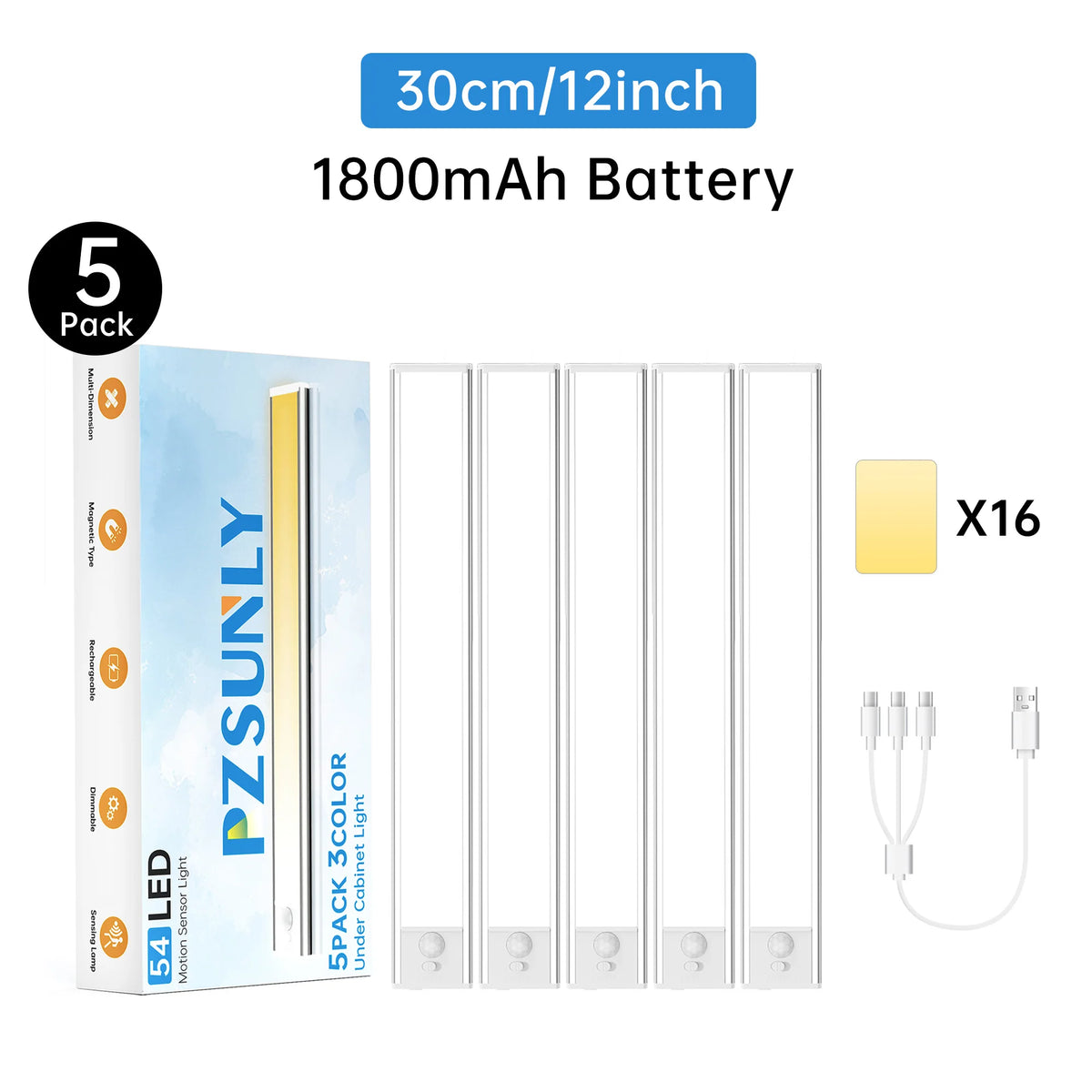 PZSUNLY Motion Sensor LED Light Type-C Rechargeable Wireless Night Light Magnetic Cabinet Lamp for Kitchen Bedroom Wardrobe Hallway Stairs