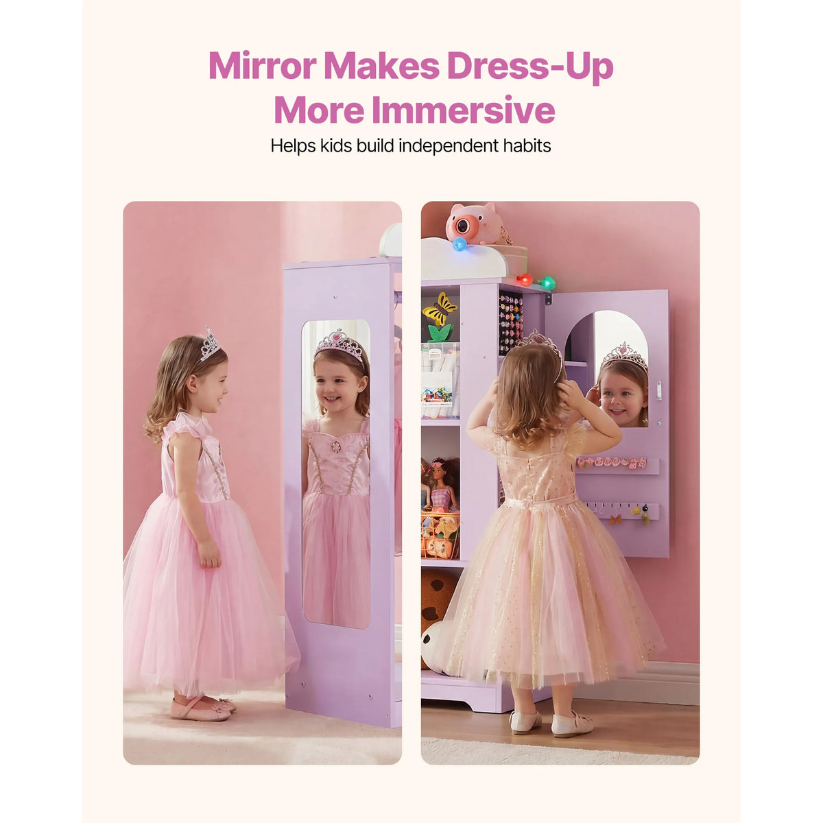 SucceBuy Kids Dress Up Wardrobe Closet With Mirror And Shelves