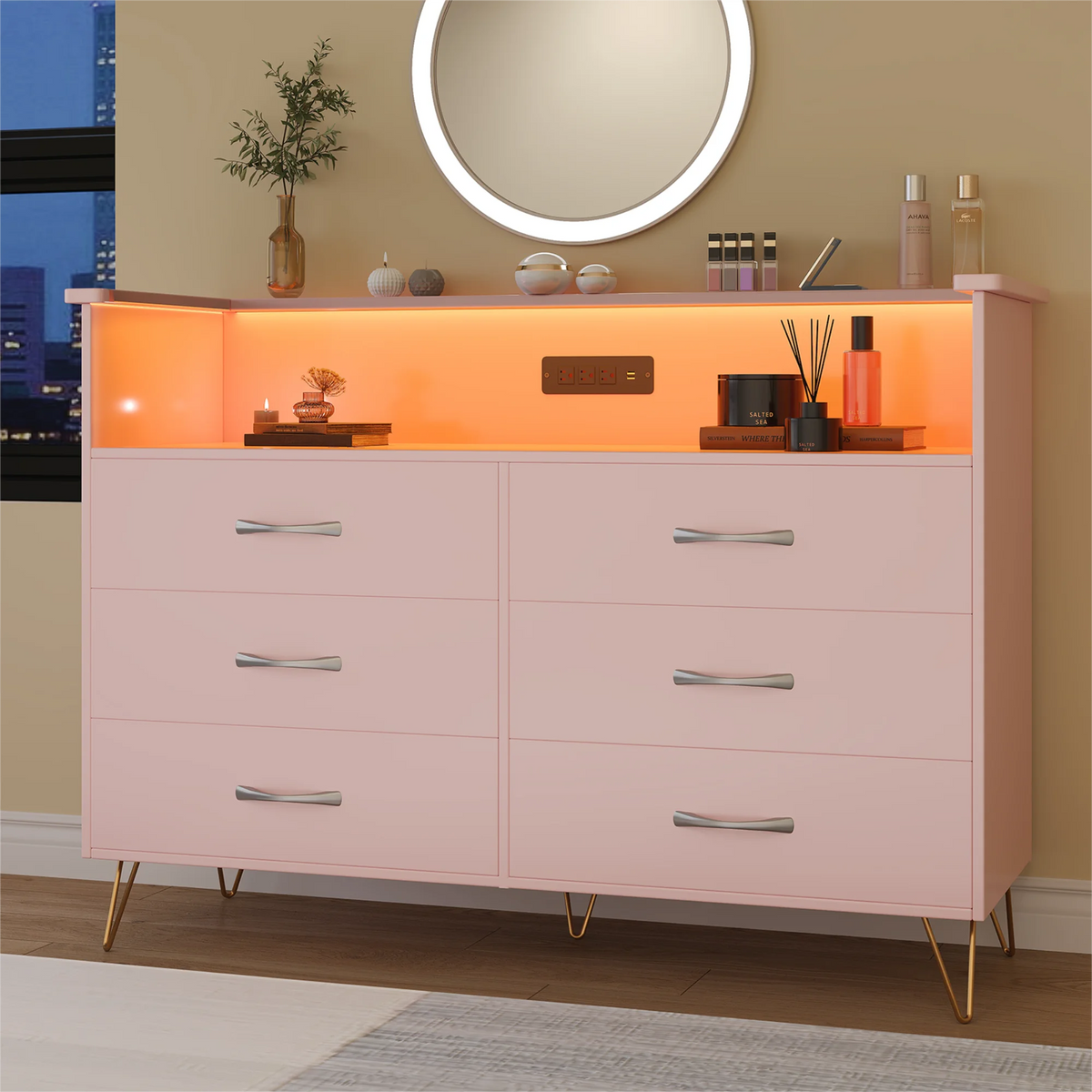 Dresser With LED Lighting, Charging Station And Open Shelves