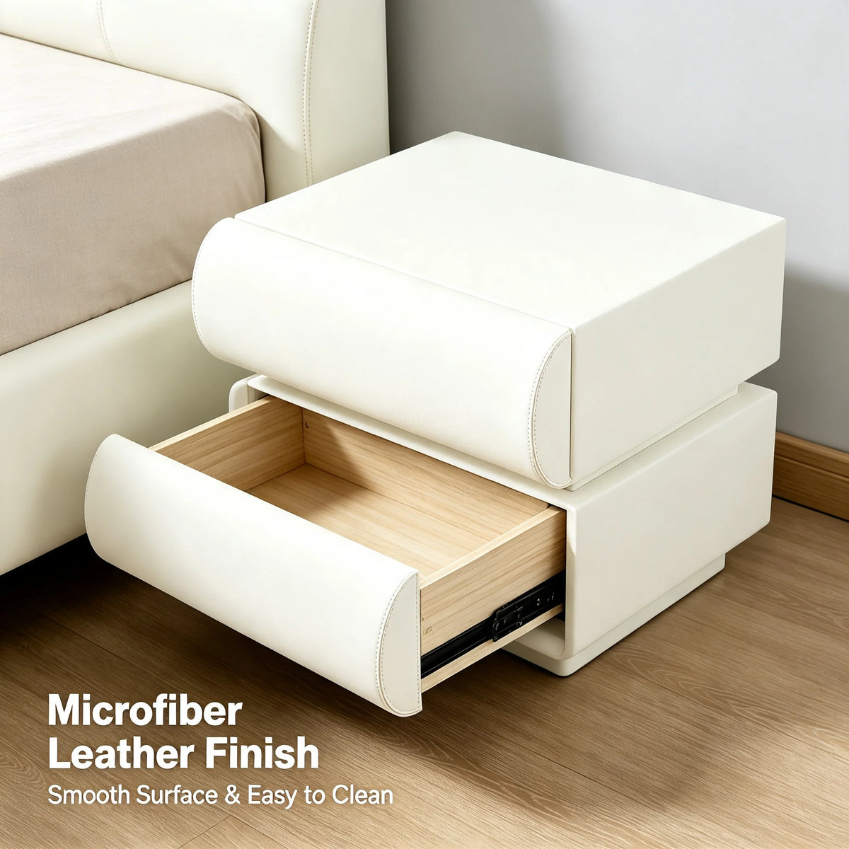 2-Drawer Modern Nightstand with Microfiber Leather Finish, Minimalist Bedside End Table 19.7x15.7x15.7in for Bedroom Living Room, Creamy White