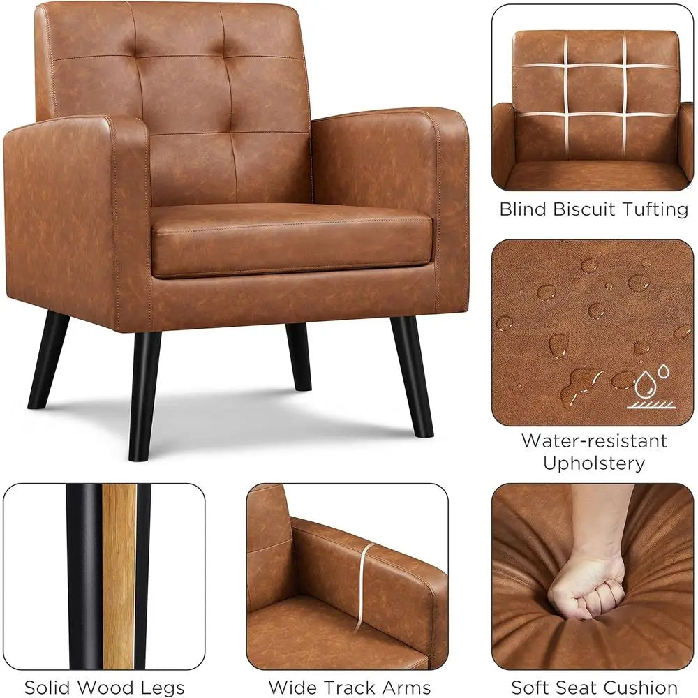 PU Leather Upholstered Armchair With Tufted Back And Wood Legs