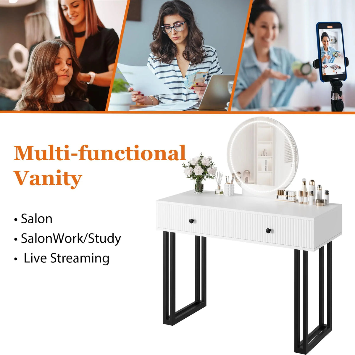Vanity Desk with Mirror and Lights, Small Makeup Vanity with 2 Drawers, Modern Vanity Organizer with 3 Color Lights&Adjustable Brightness, Dressing Table for Bedroom