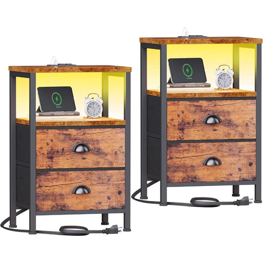 XIUWO Nightstand With USB Ports And Charging Station LED Lights