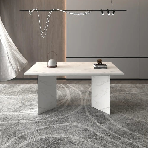 Extendable Dining Room Table for 6 8 10, Modern Faux Marble Wooden Long Large Rectangular Expanding Conference Kitchen Table