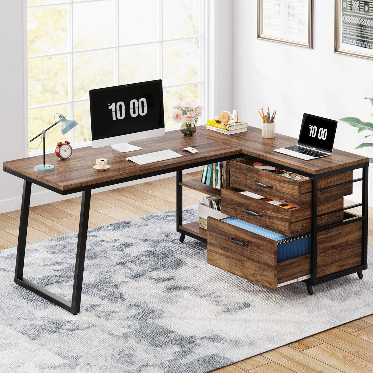 Tribesigns Reversible L Shaped Computer Desk With Drawers And Shelves