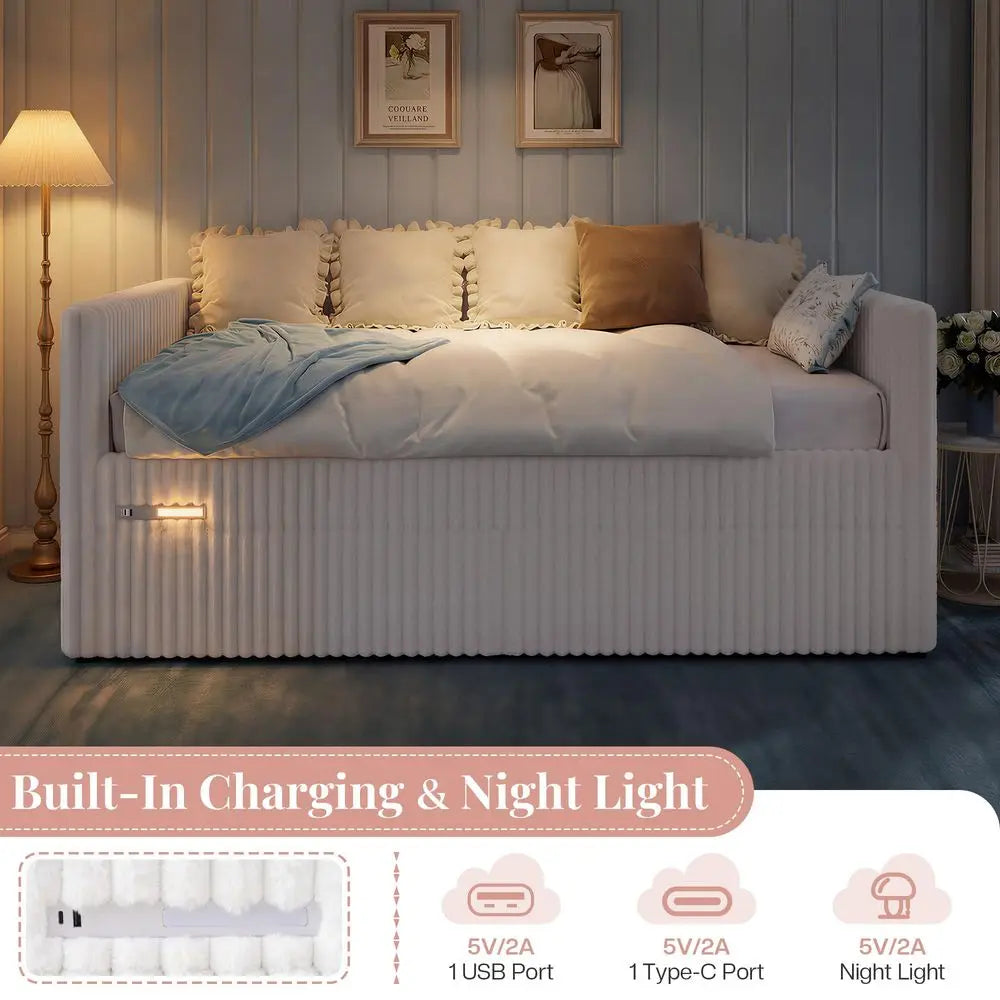 XMSJ Corduroy Upholstered Daybed with Storage Drawers Charging Night Light