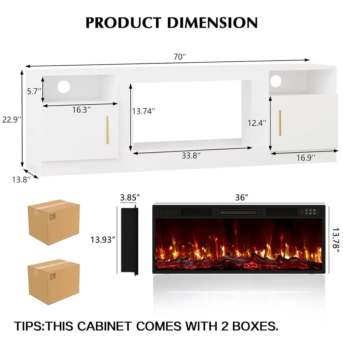 Fireplace TV Stand with 36" Electric Fireplace, Fits TVs Up to 80", 70" LED Lit Entertainment Center, Modern High, Customized