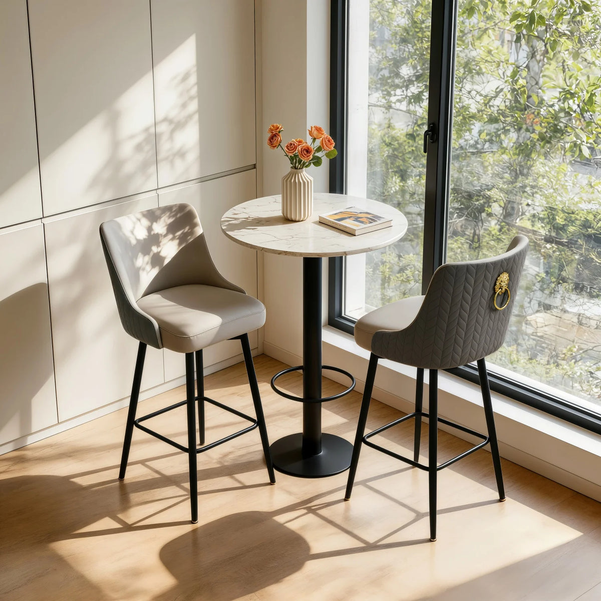Swivel Bar Stool With Leather Upholstery High Back And Footrest