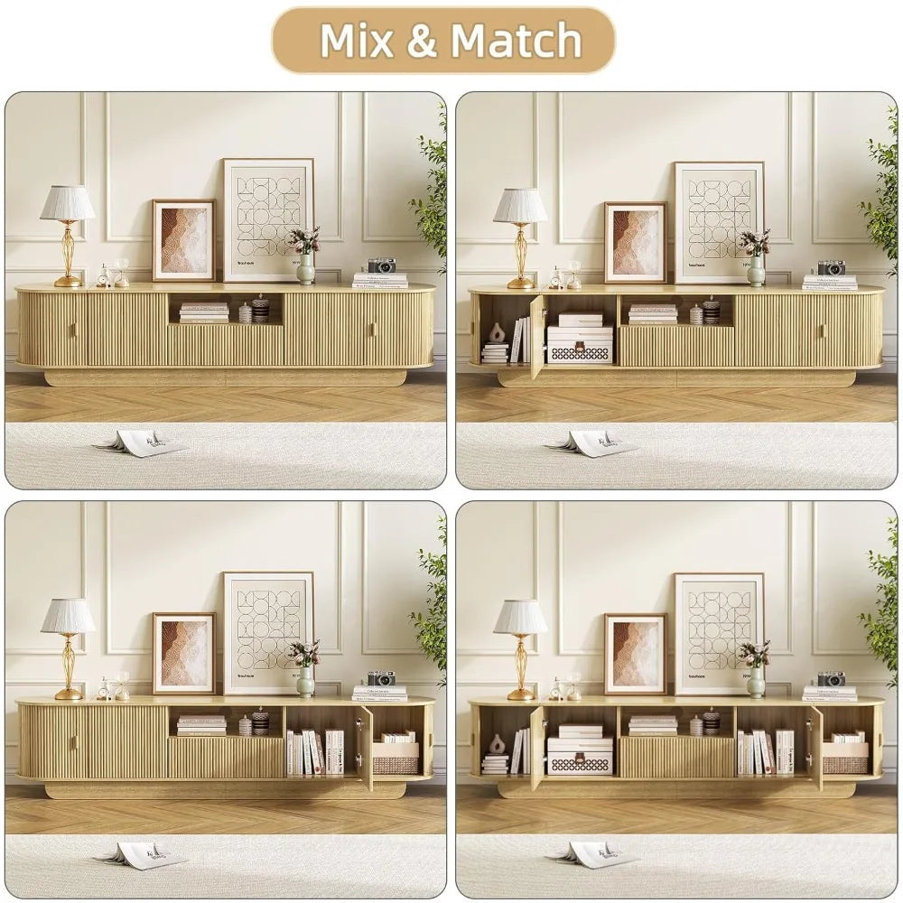 Tambour TV Stand With Large Storage Cabinet And Open Shelves