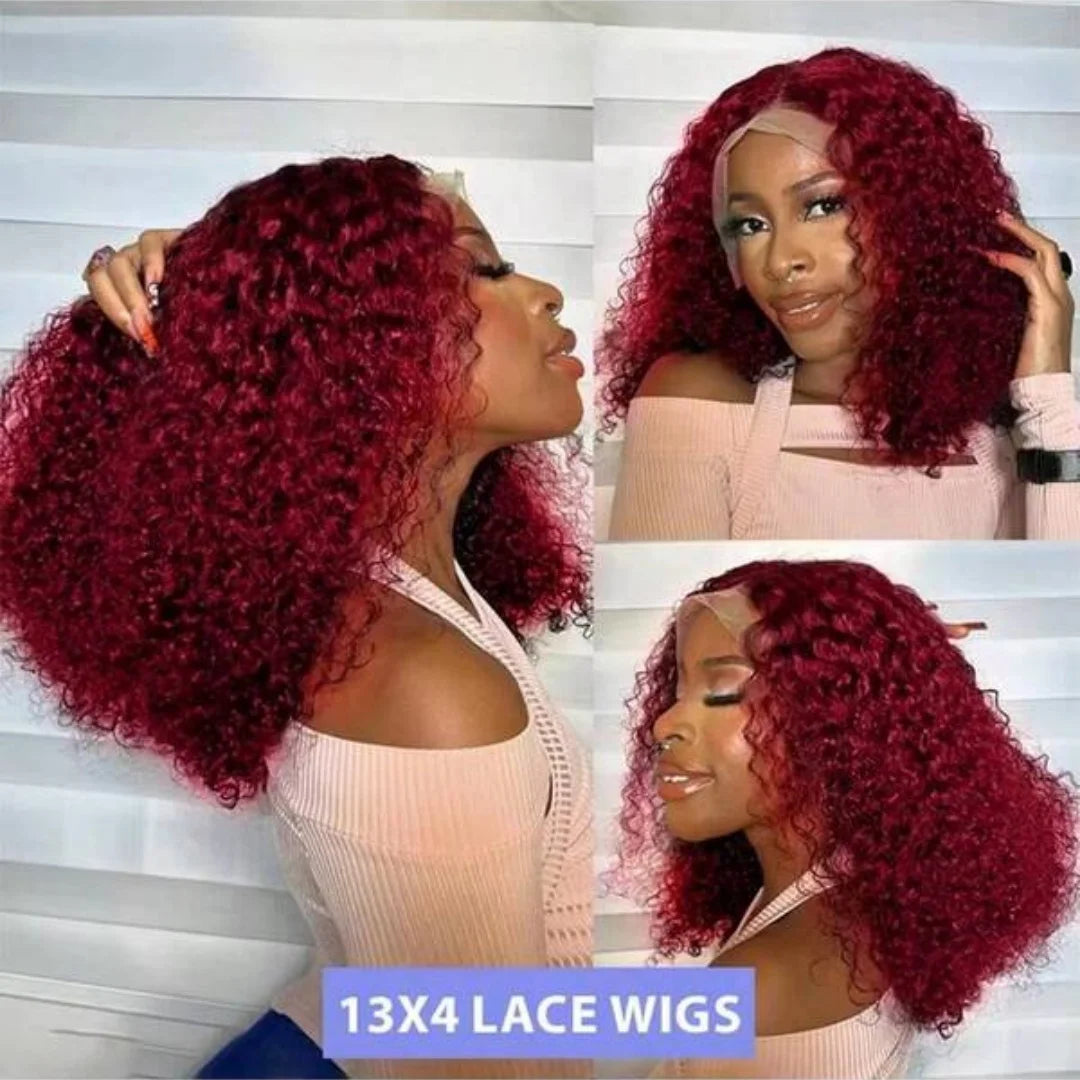 250% Density 32 Inch Pre Plucked Curly Burgundy Lace Front Wig 13x4 Deep Wave HD Transparent Lace Wig Colored Hair Wig For Women