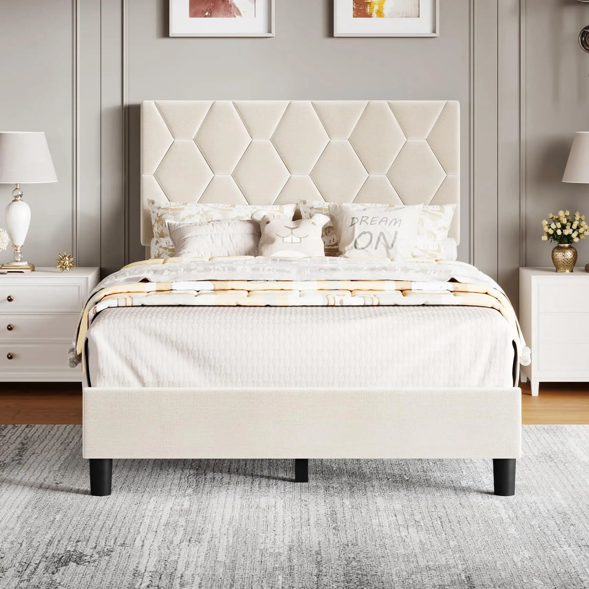 GAOMON Upholstered Platform Bed With Padded Headboard And Wooden Slats