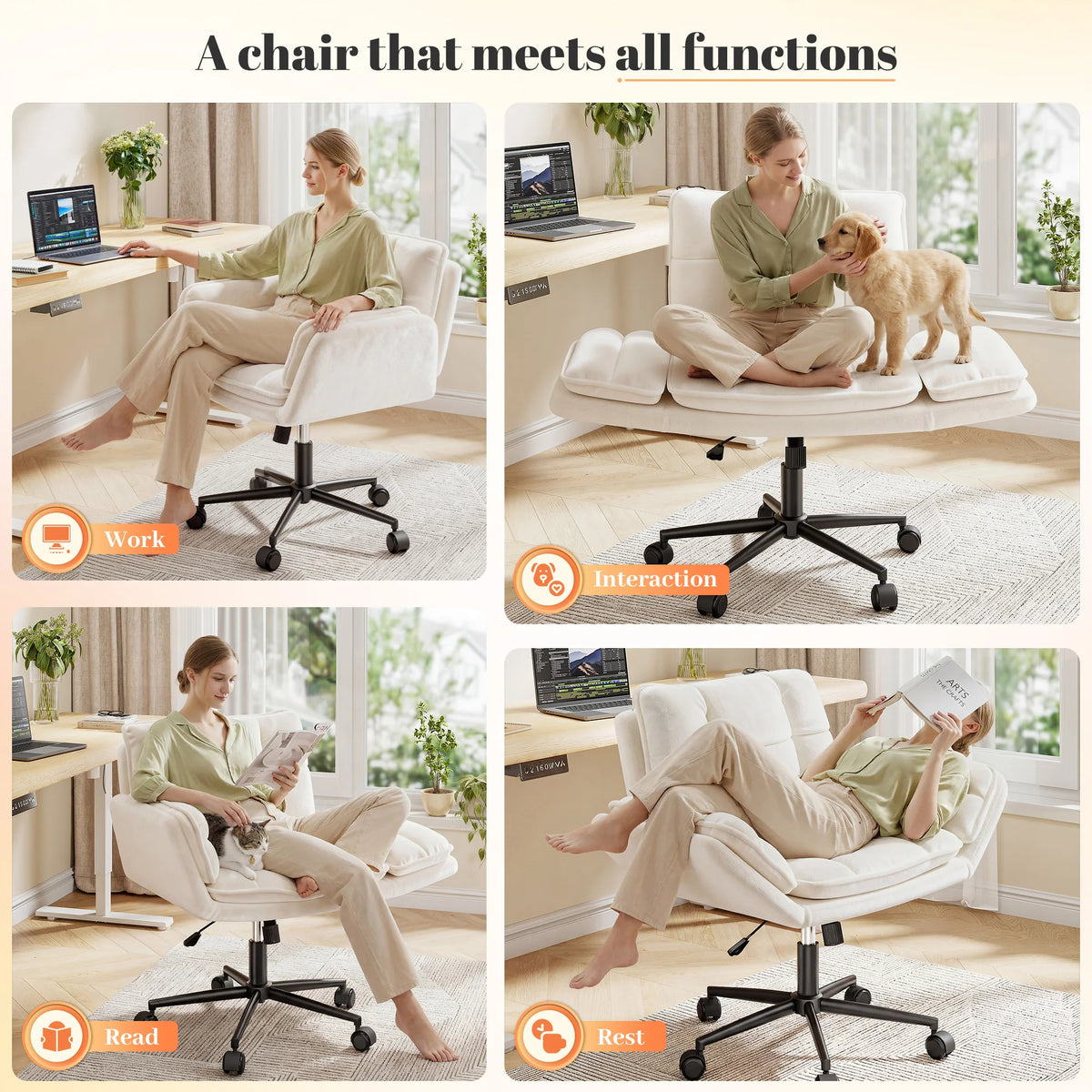 Criss Cross Chair with Wheels, Ergonomic Office Chair with Flip Armrests, Pet-Friendly Vanity Chair for Bedroom Makeup Room