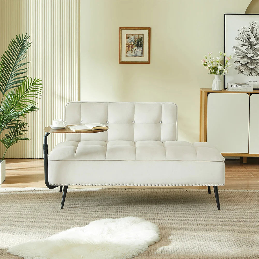 Modern Velvet Sofa With Rotating Side Table Space Saving Design