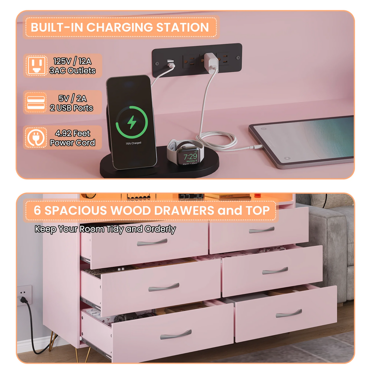 Dresser With LED Lighting, Charging Station And Open Shelves