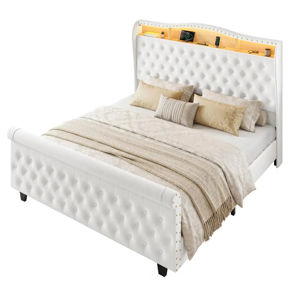 Bedstead King Size Velvet Upholstered Bed Frame with Led Light Built-in Charging Station Storage Space Twin Sleigh Bed