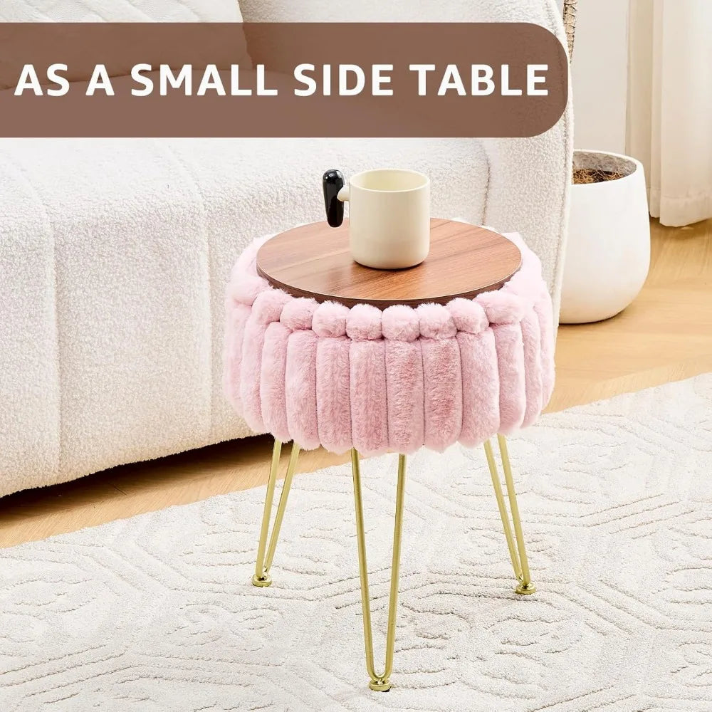 XIUWO Round Faux Fur Ottoman With Storage And Metal Legs