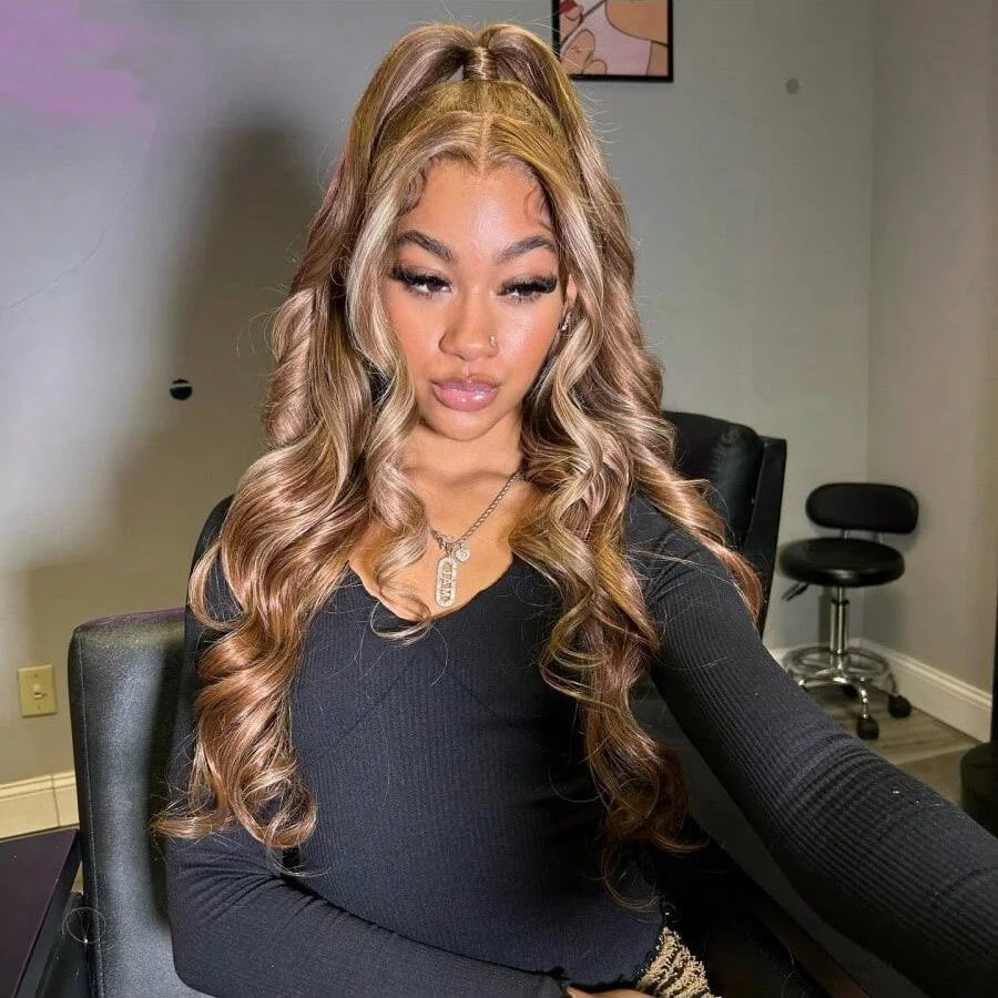 34 Inch Highlight 4 27 Colored Body Wave 13x4 Transparent Lace Frontal Wig Brazilian Pre Plucked With Baby Hair Honey Blonde Wig