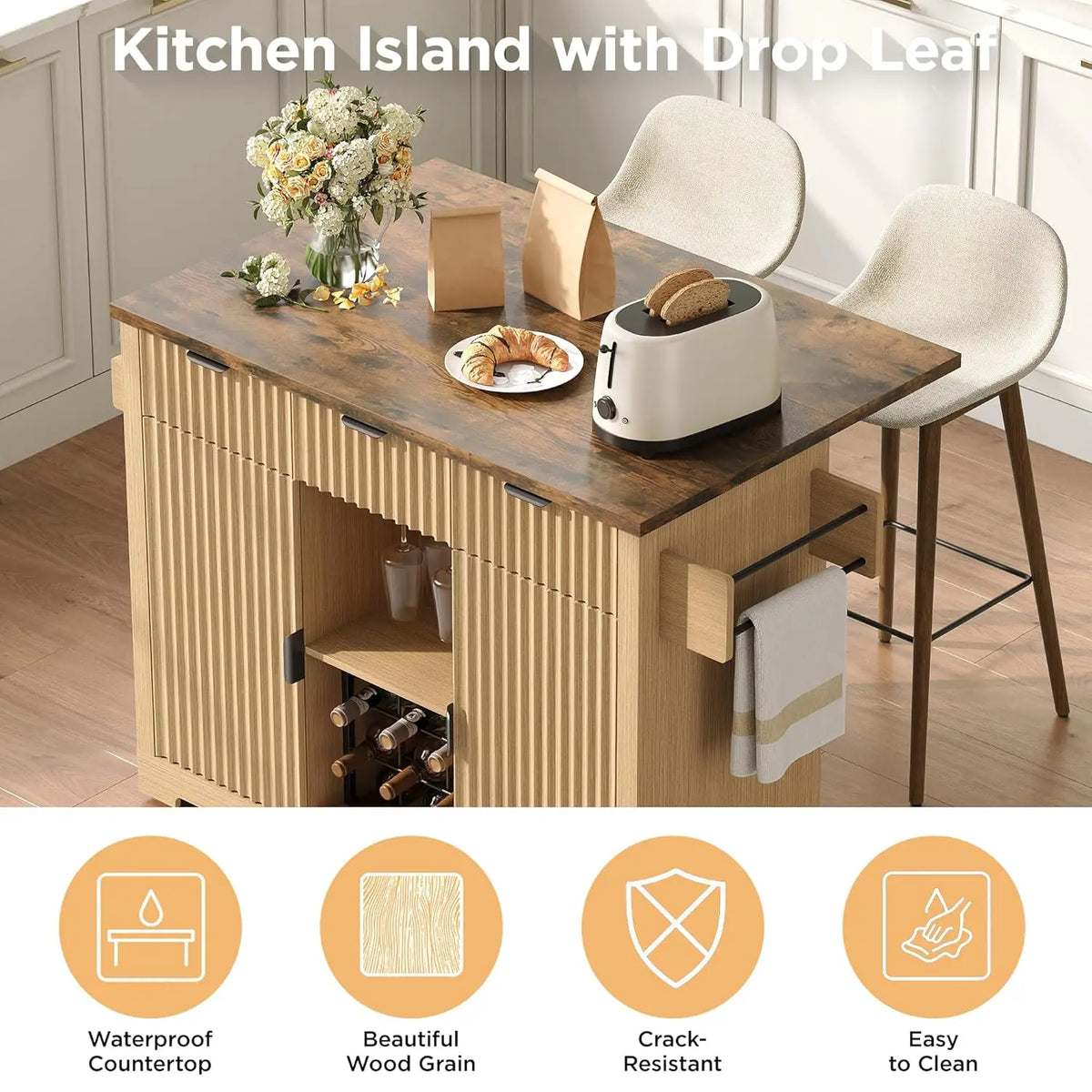 Kitchen Island With Foldable Drop Leaf And Wine Cabinet