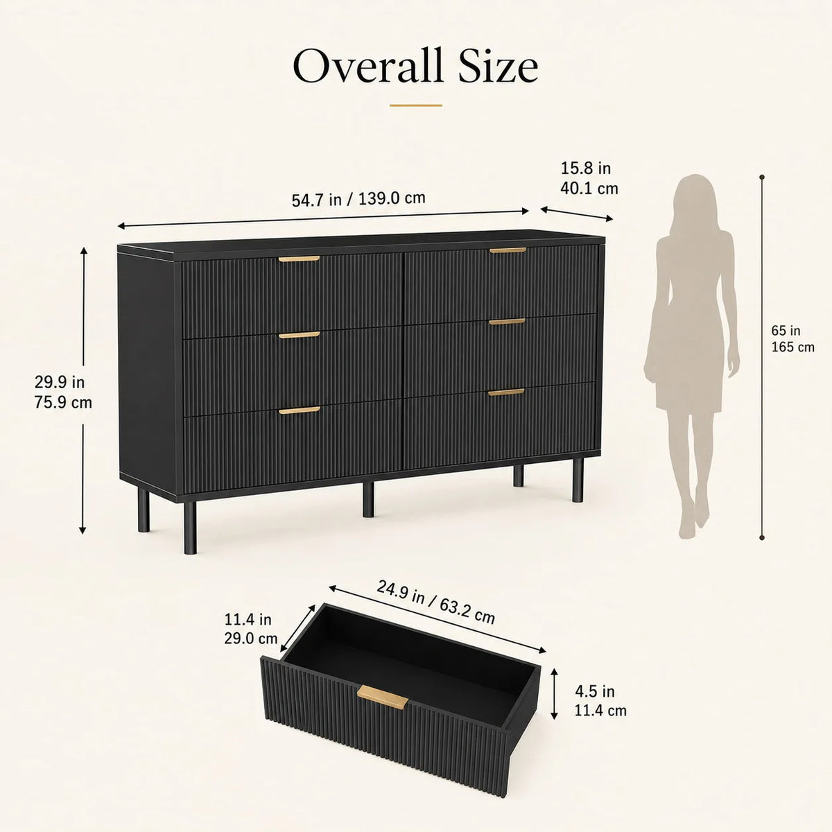 Fluted 6 Drawer Dresser with Metal Legs Wide Storage Cabinet Wood Chest of Drawers Anti Tipping Design Bedroom Living Room Hallway Organizer