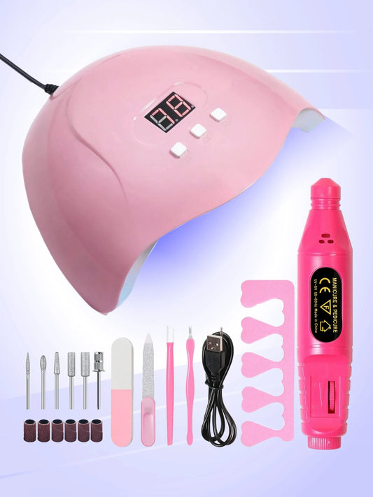 Nail Care Tool Set, Featuring a UV Nail Lamp, Nail Polisher, Cuticle Pusher and Remover, Toe Nail Separator, Nail File, and Nail Brush. Suitable for Professional Nail Salons or Home Nail Care. Perfect Holiday Gift.