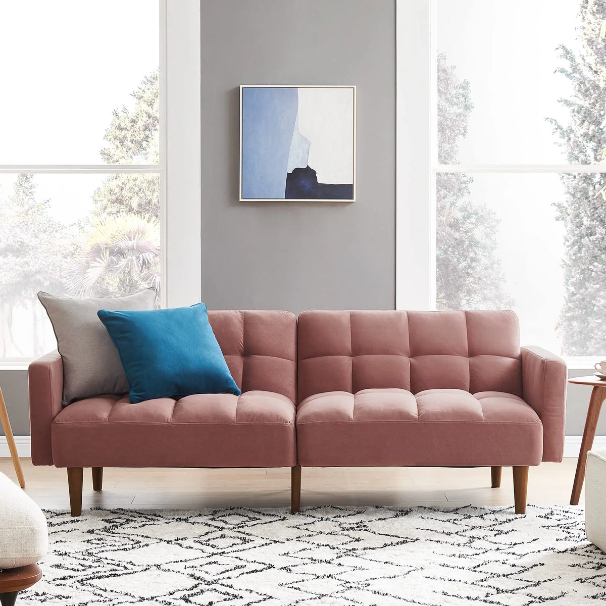 mopio 76.4" Mid Century Futon Sofa Bed PU Leather Loveseat Living Room Pecan Brown