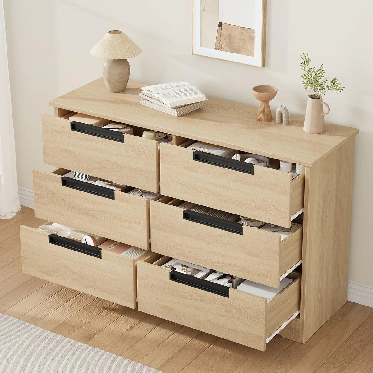 Modern Wooden Dresser With Six Drawers And Recessed Handles