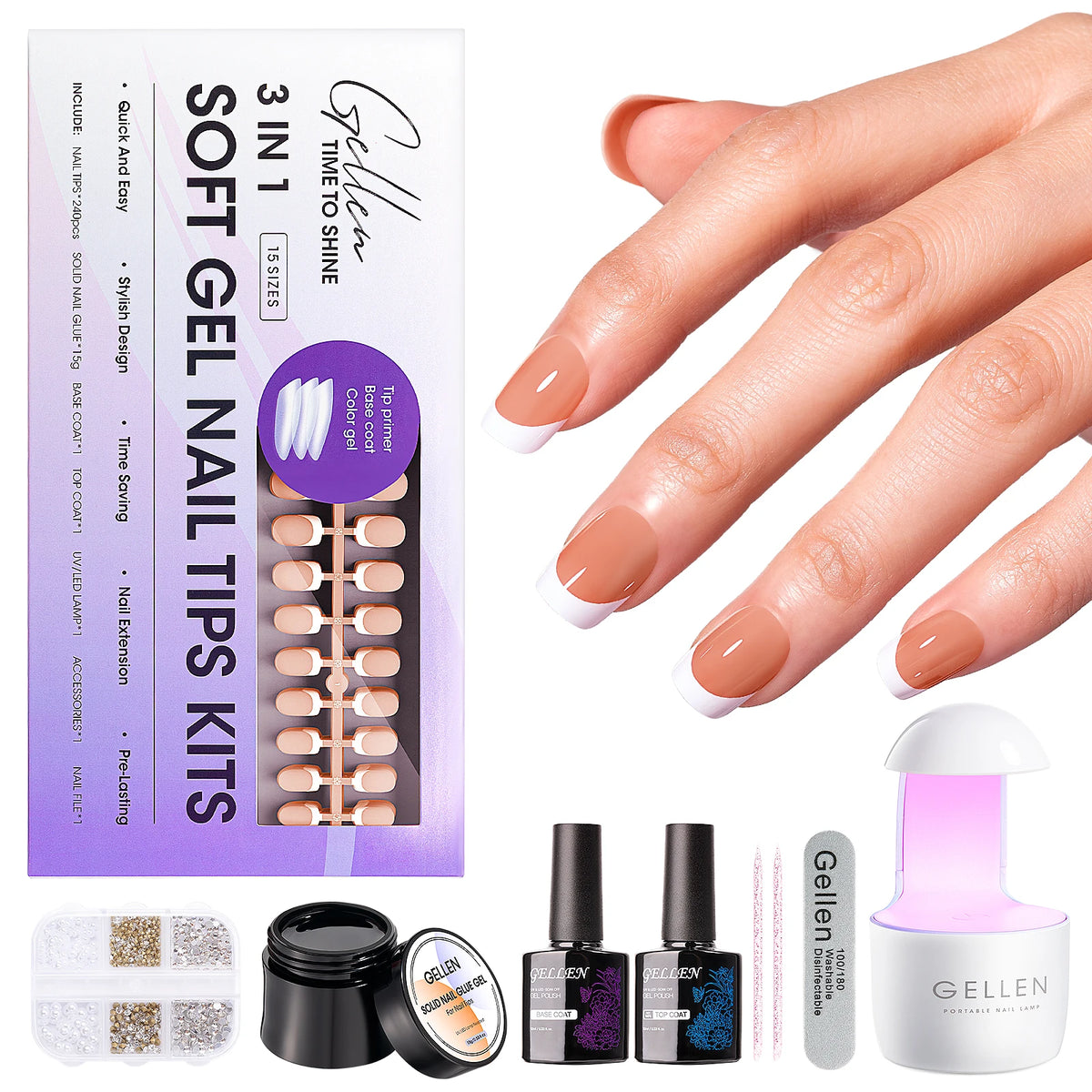 GELLEN Gel Nail Kit With Press On Nails French Tip UV Lamp