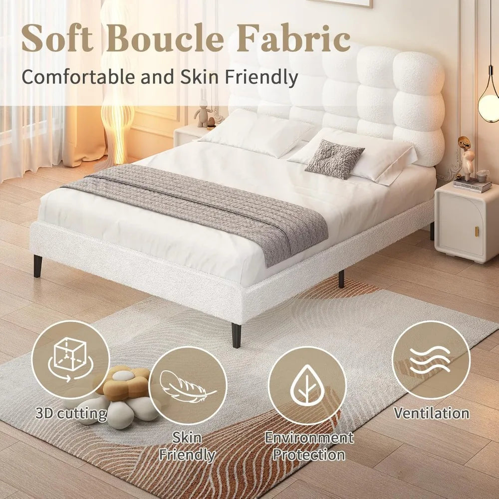 Full Size Upholstered Platform Bed Frame with Soft Fabric Headboard, Wooden Slats Support, No Box Spring Needed