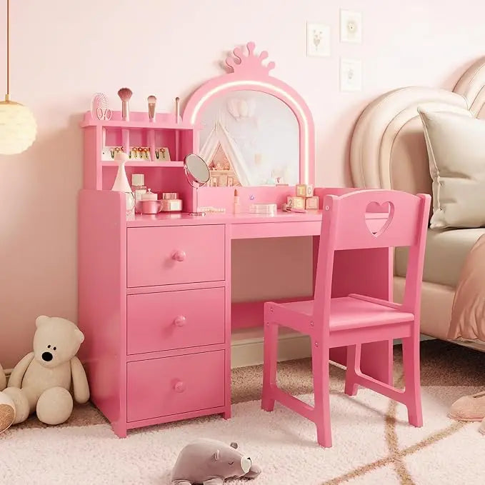 HiMISS Kids Vanity Desk Set With Lights Chair And Bookshelf