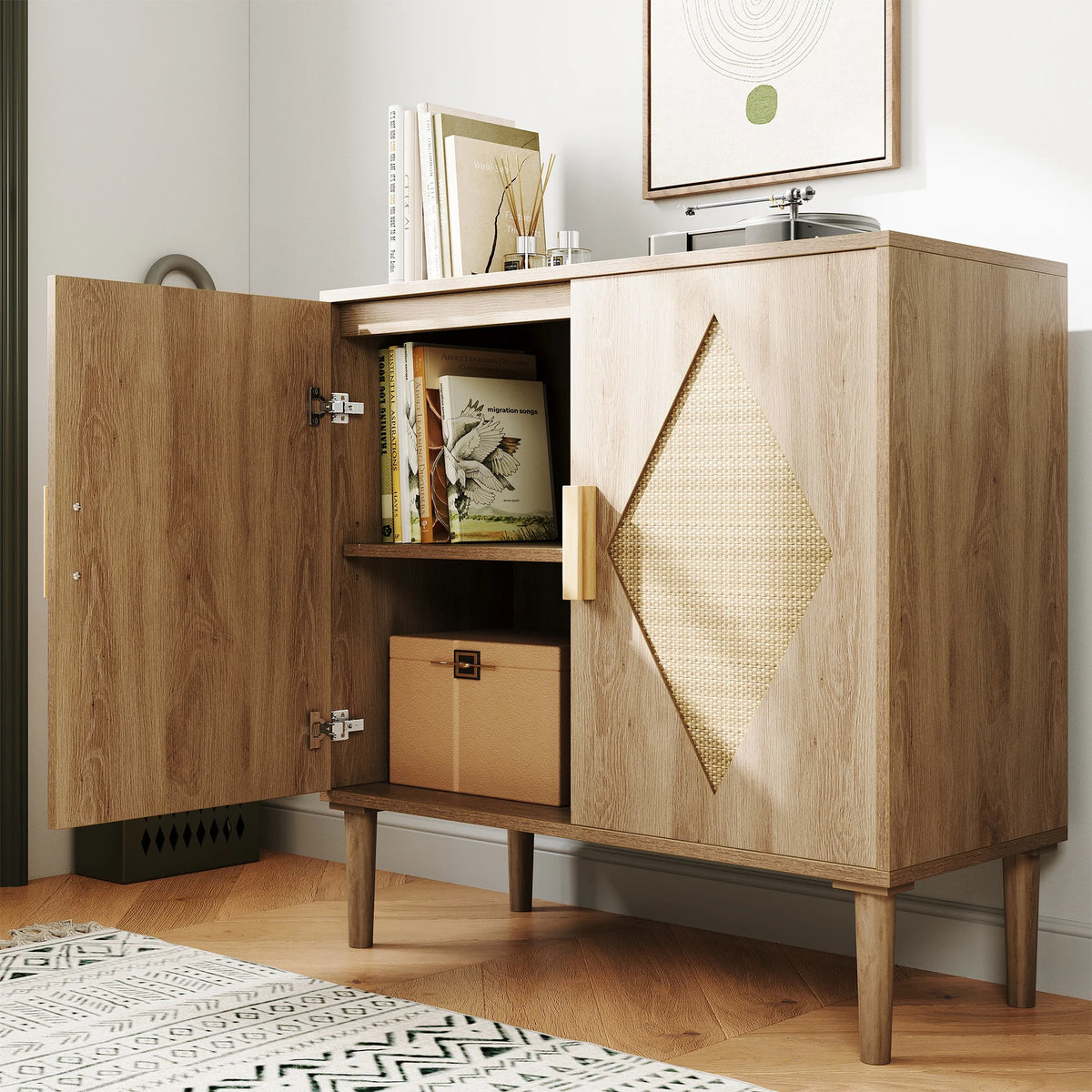 GarveeLife Boho Wooden Sideboard with Rattan Doors and Adjustable Storage