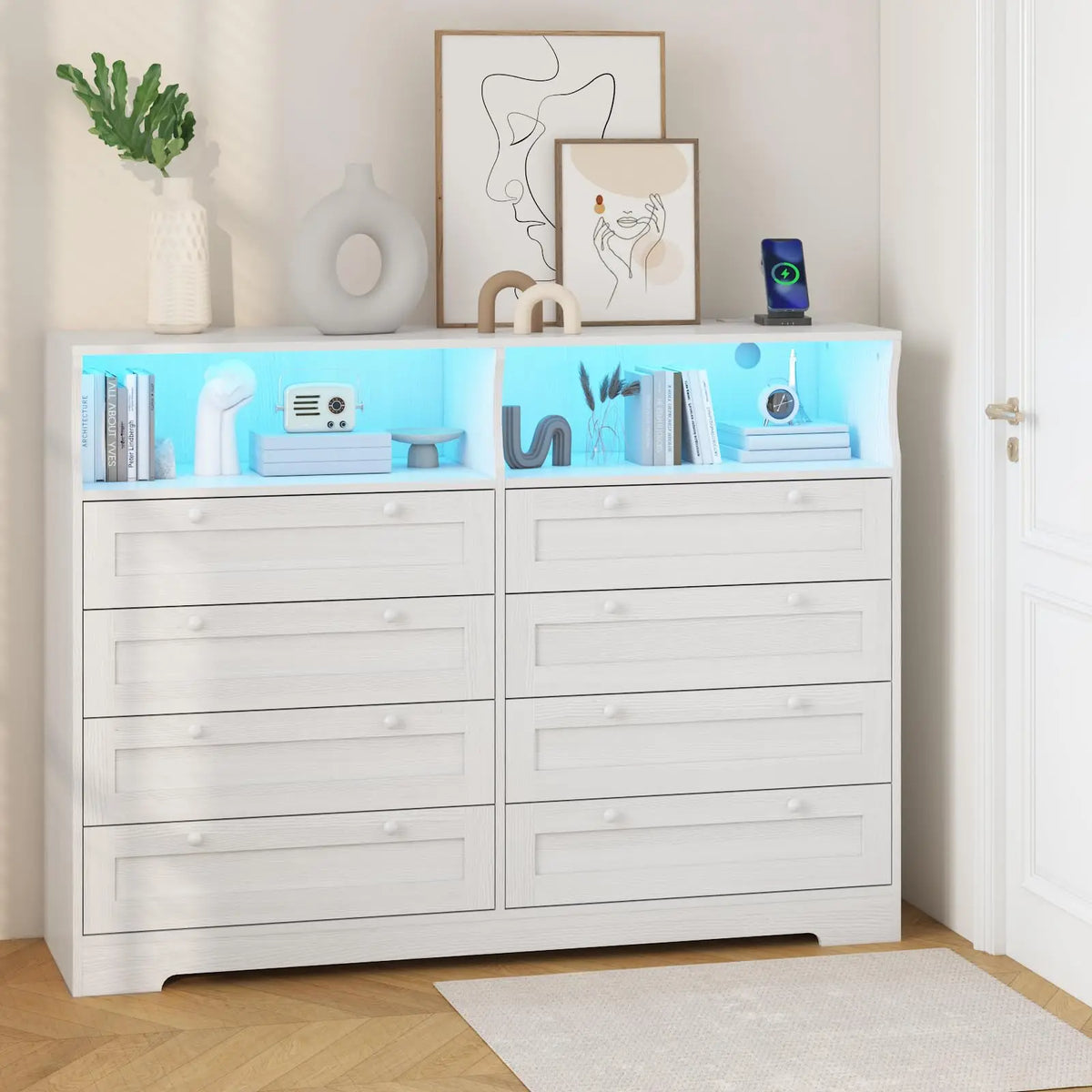 HiMISS Wood Dresser With LED Lights Charging Station And Shelves
