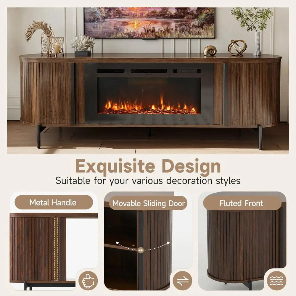 XMSJ Fluted TV Stand With Electric Fireplace Entertainment Center