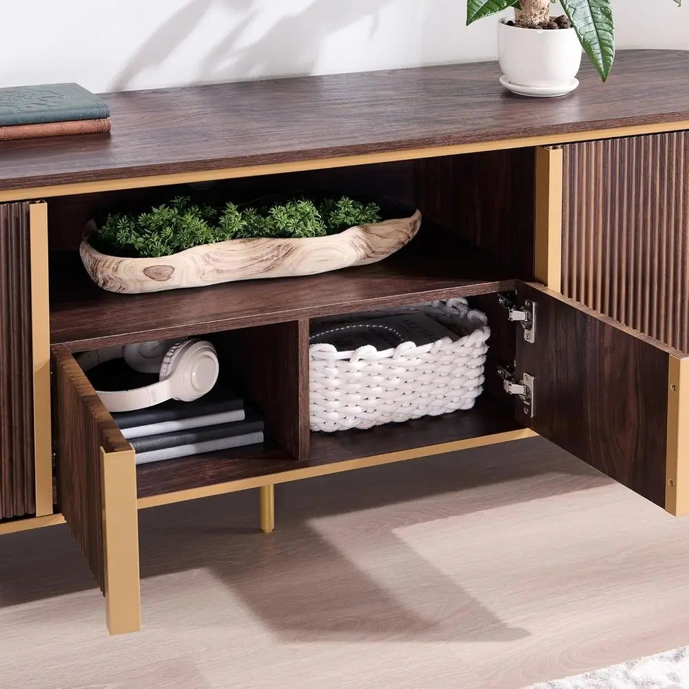 Modern Fluted TV Stand With Faux Marble Top And Storage