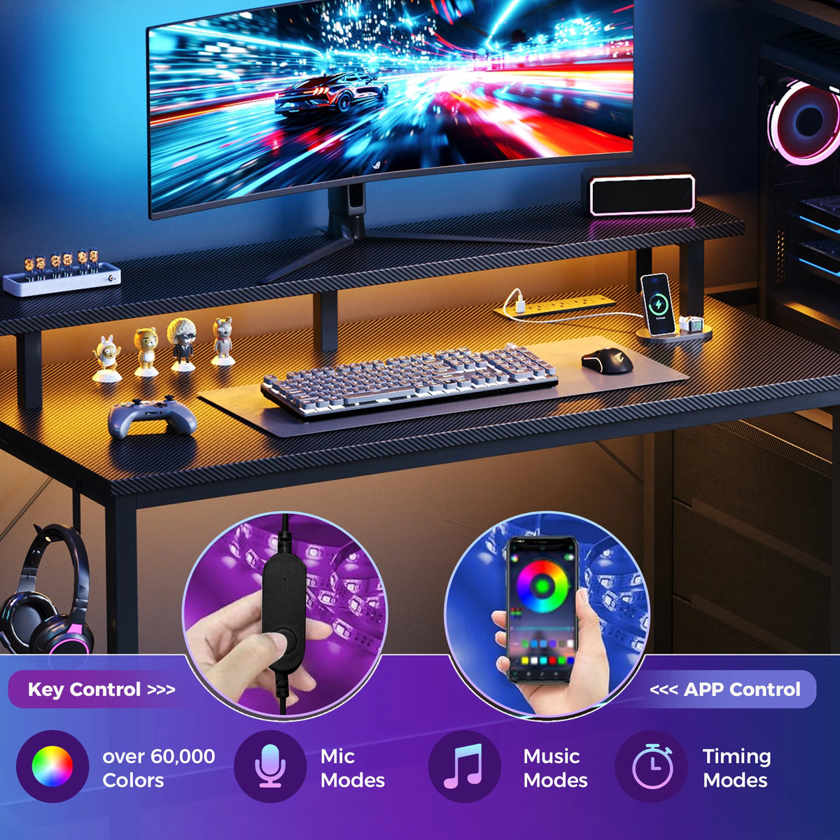 JHK Gaming Desk With Drawers LED Lights And Power Outlets