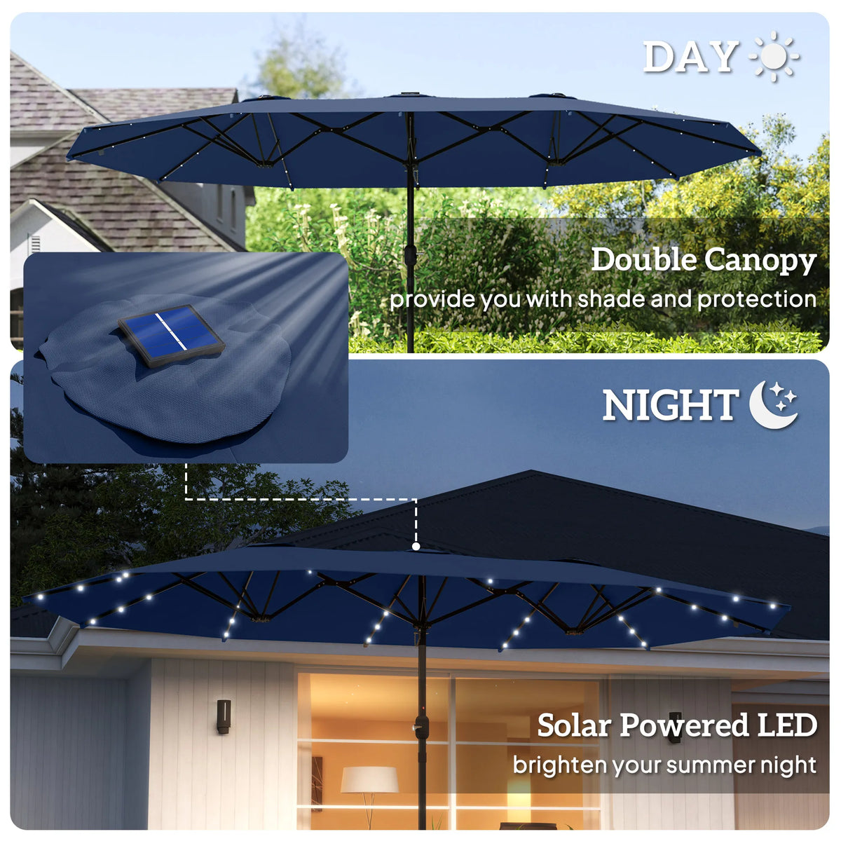 Double-Sided Sun Umbrella, Outdoor Garden Parasol, Patio Sun Shade with Led Solar Light, Sand Base, Navy Blue