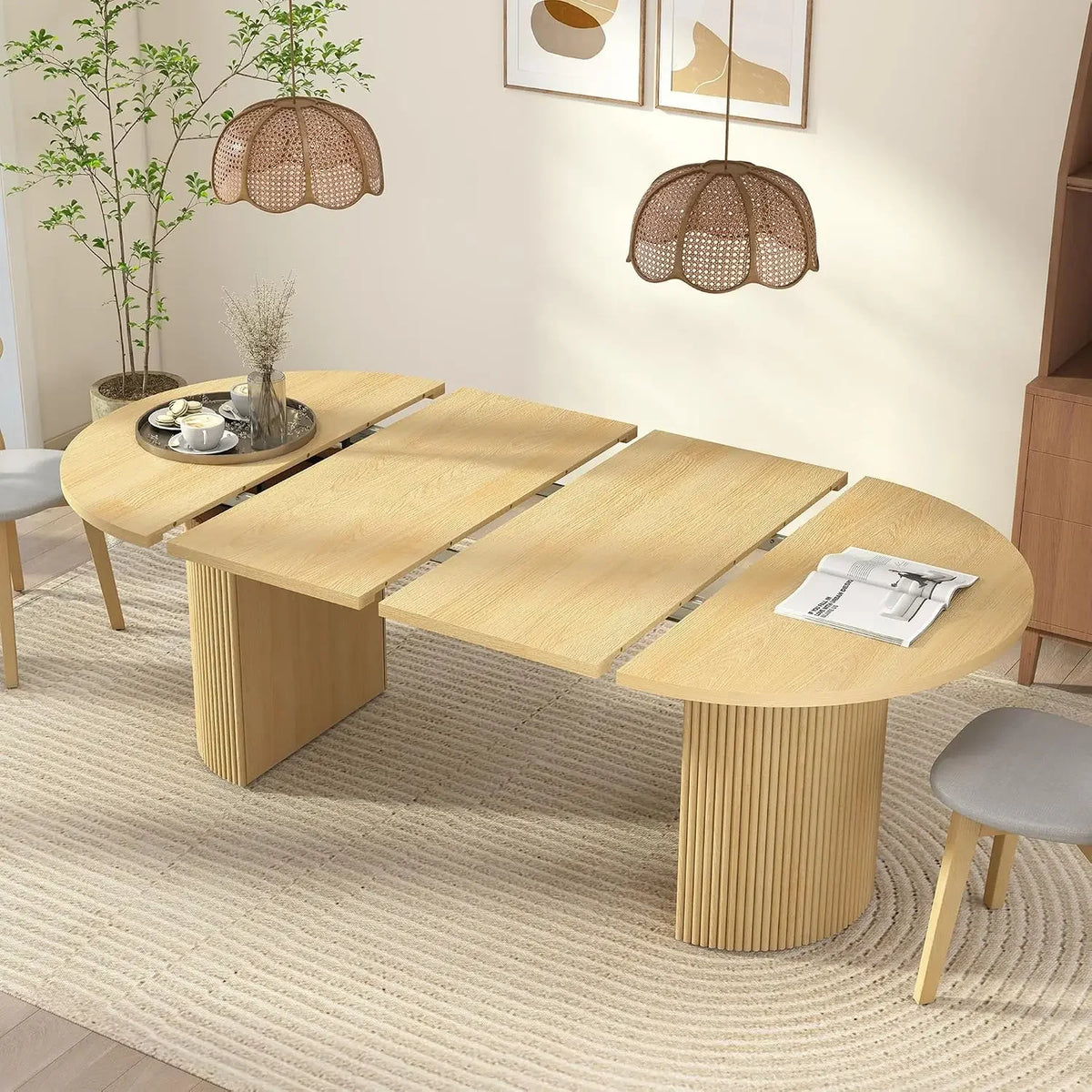 Extendable Dining Table With Fluted Base For Modern Farmhouse Interiors